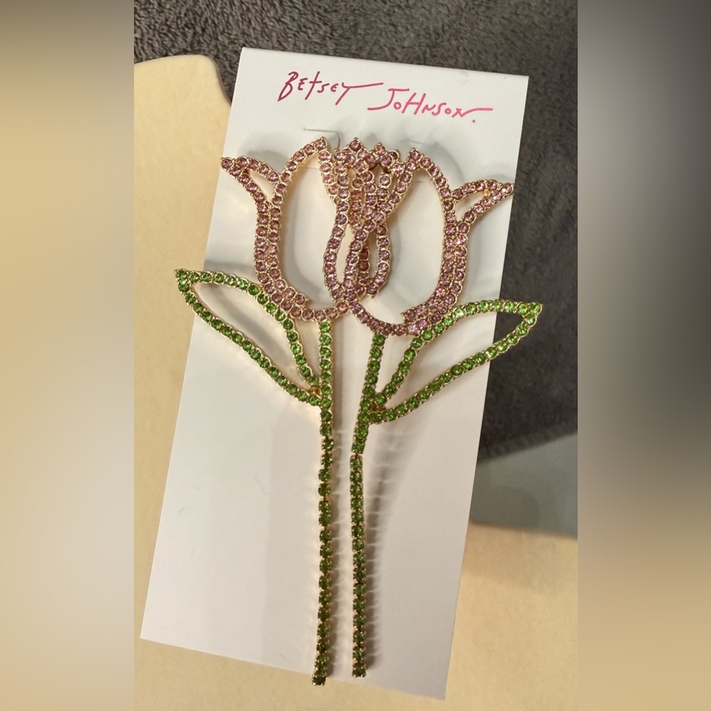 🌷Betsey Johnson Pink and Green Crystal Flower Earrings